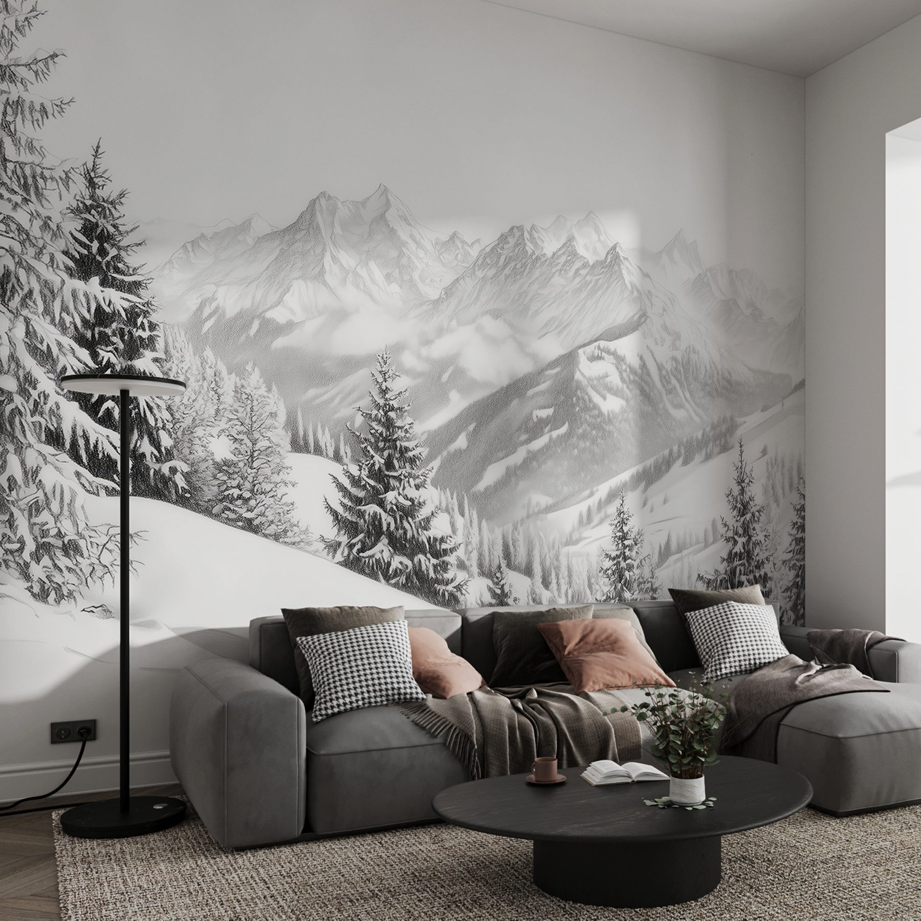 Snowy mountain with trees and mountains in the background