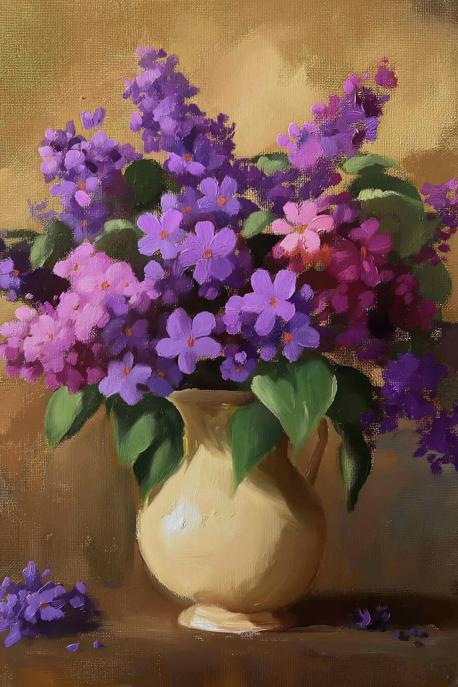 Pictura de flori violet într-o vază Pictura de flori violet într-o vază
