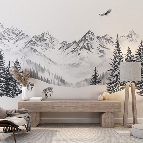 Snowy peisaj montan cu copaci și o pasăre care zboară peste ea Snowy peisaj montan cu copaci și o pasăre care zboară peste ea