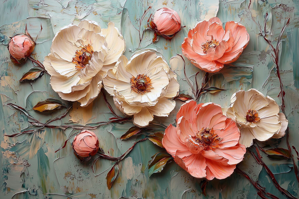 Painting of flowers on a blue surface Painting of flowers on a blue surface