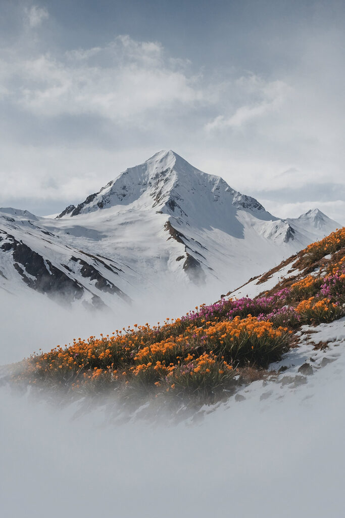 Mountain with snow and flowers