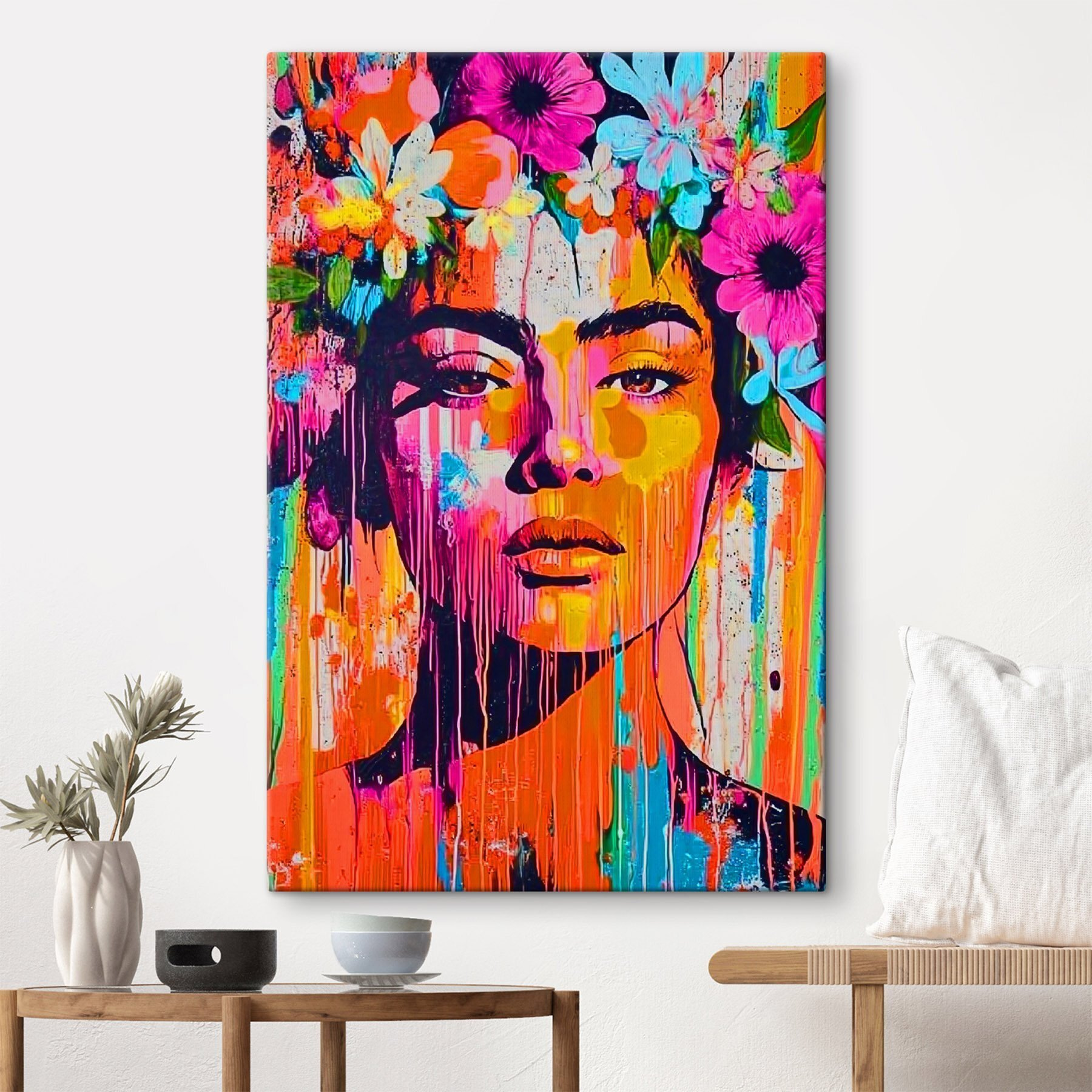 Painting of a woman with flowers on her head Painting of a woman with flowers on her head