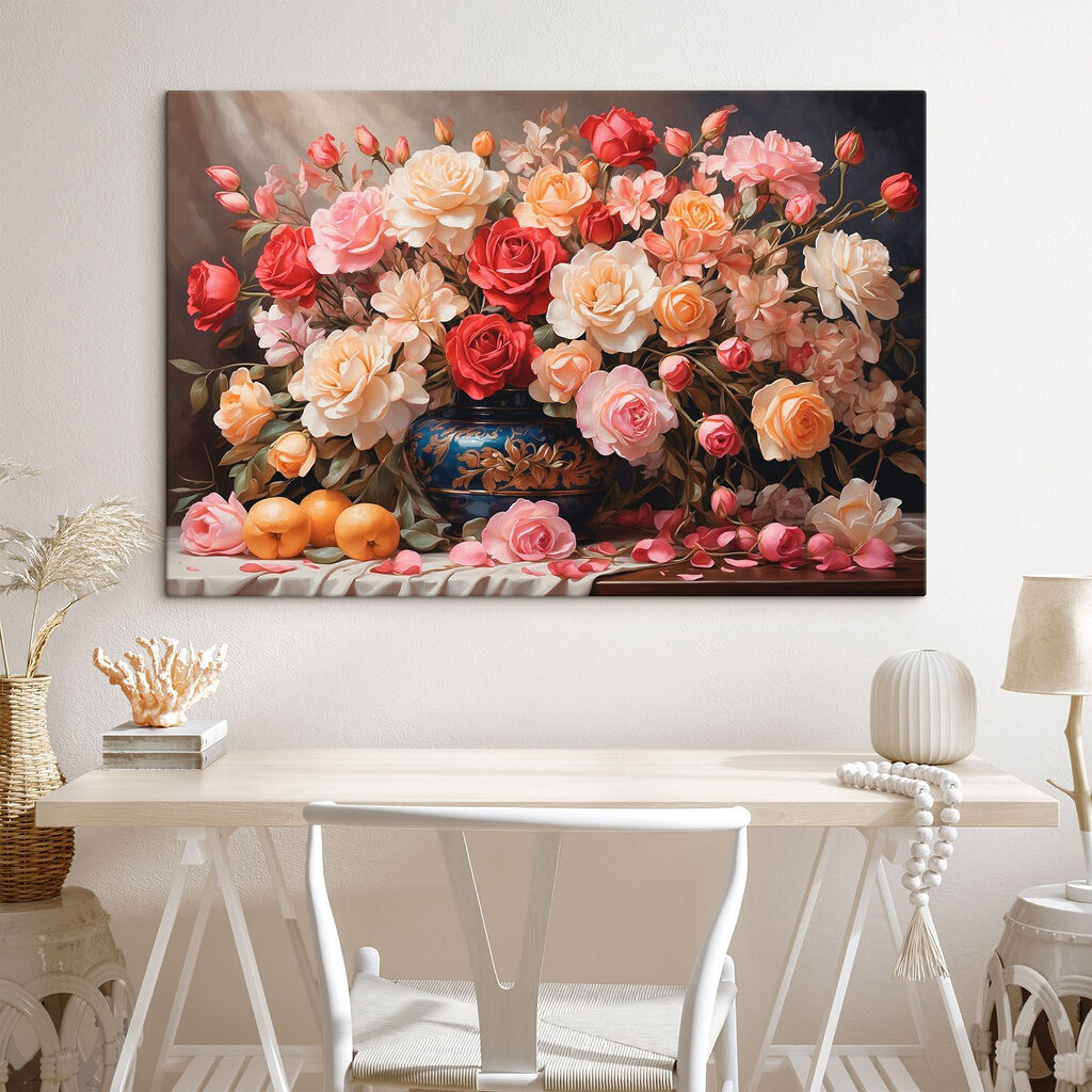 Vase of flowers and fruit