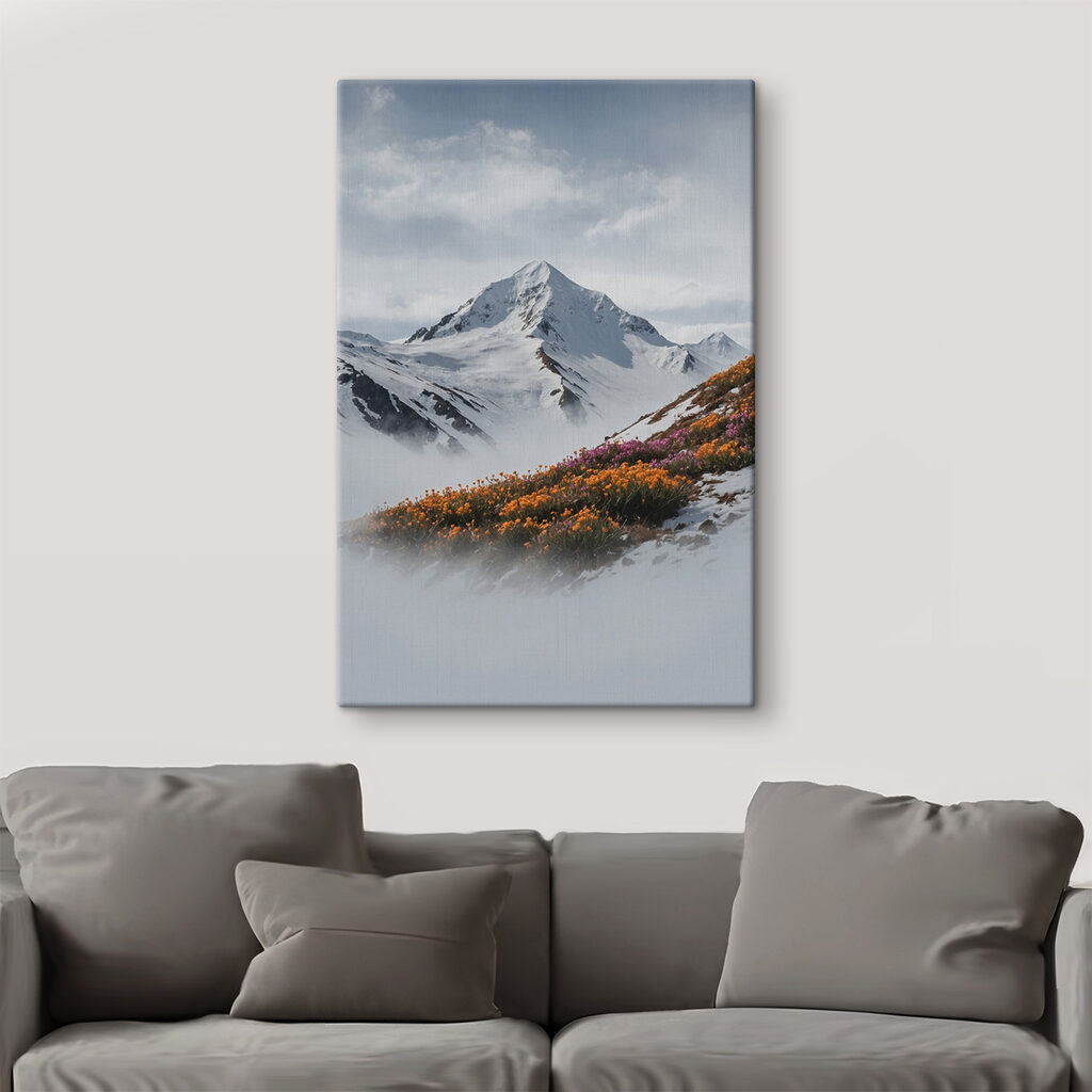 Mountain with snow and flowers