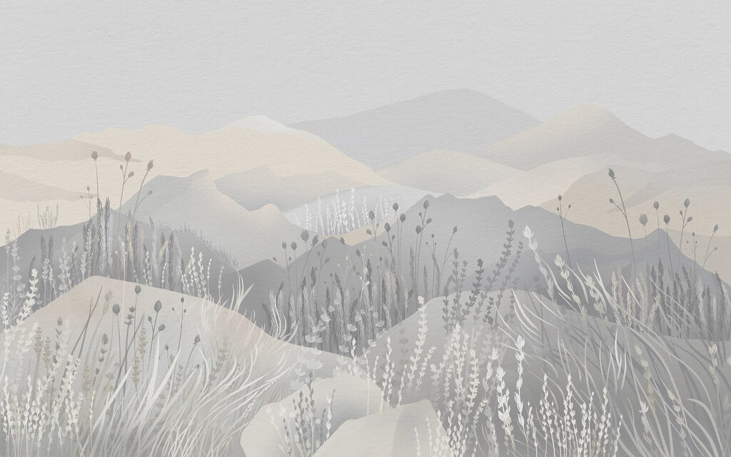 Painting of a landscape with mountains and grass