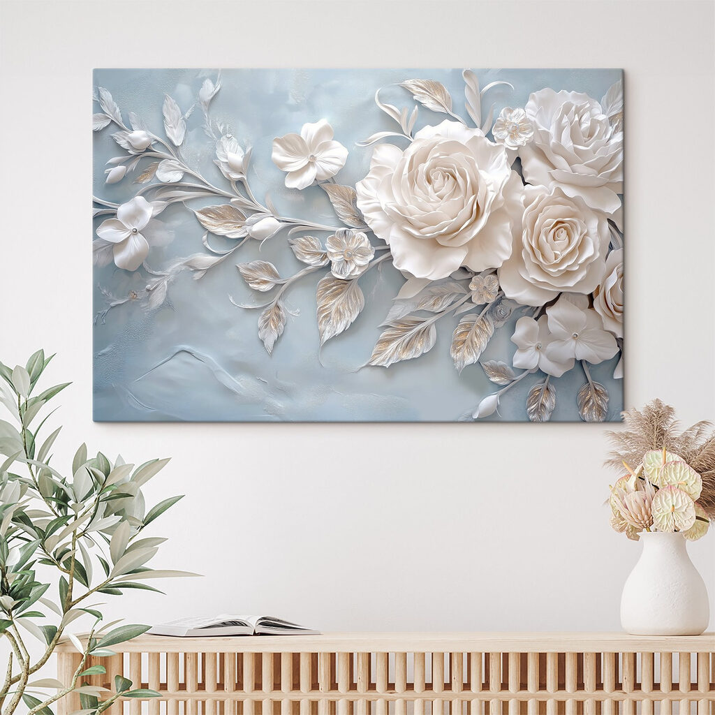 White flowers and leaves on a blue surface