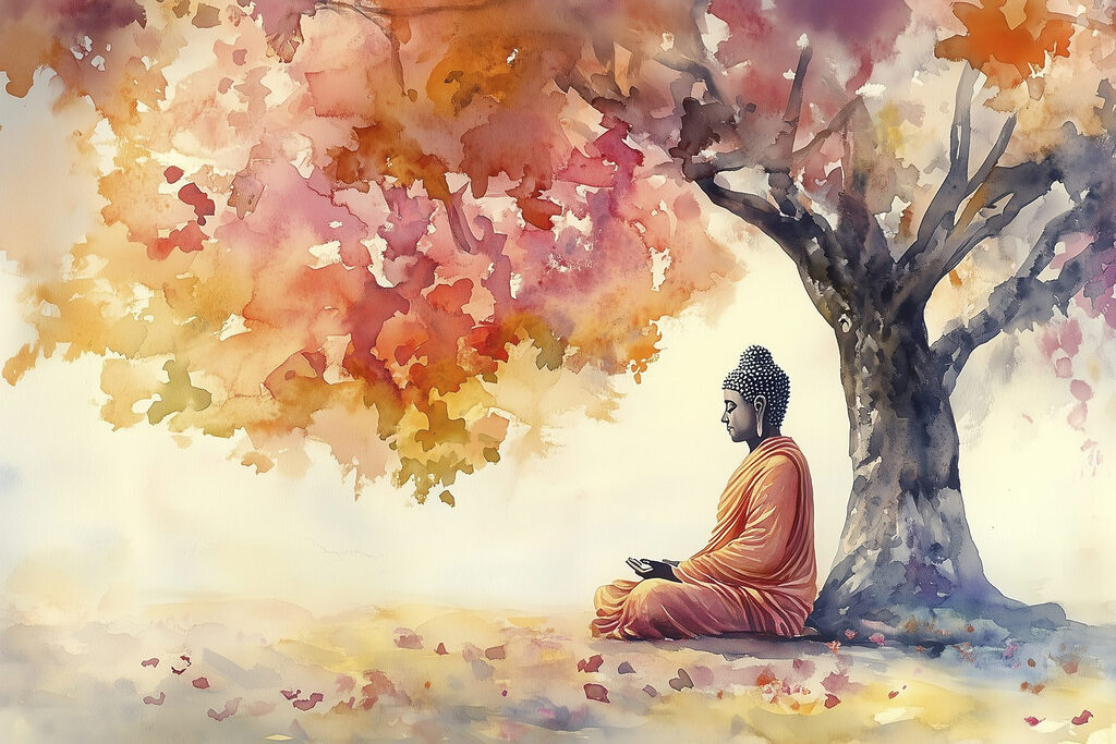 Watercolor painting of a person sitting under a tree
