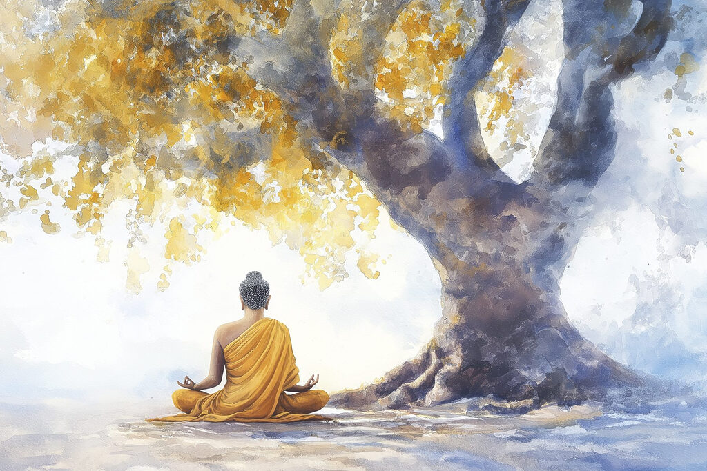 Painting of a person meditating under a tree