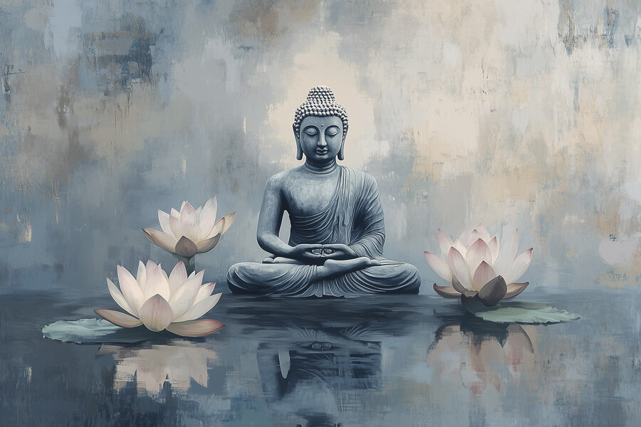 Statuie a unui buddha stând în poziția lotus înconjurat de apă