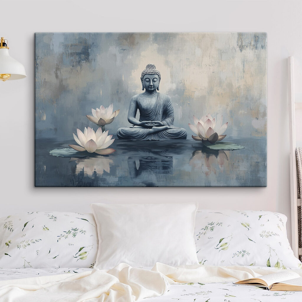 Statue of a buddha sitting in a lotus position surrounded by water