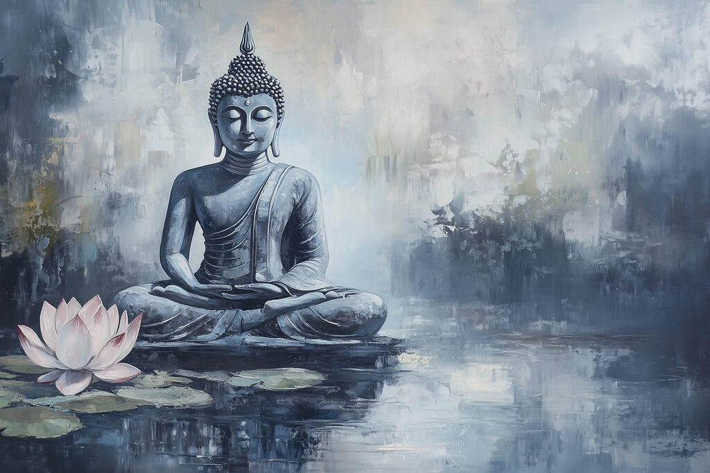 Painting of a statue in the water