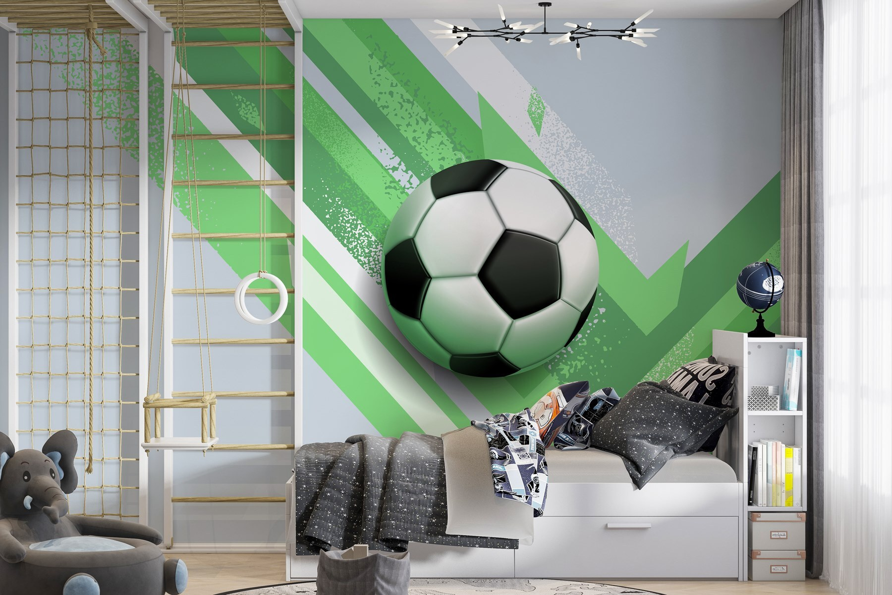 Football ball on a green and white background