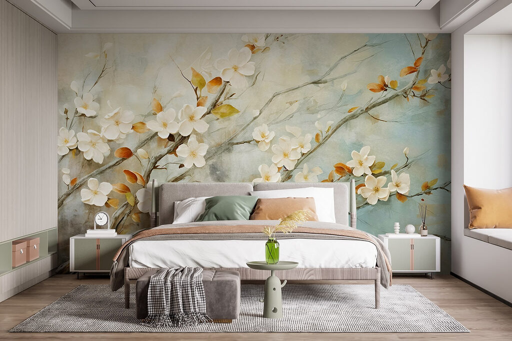 Painting of a branch with white flowers