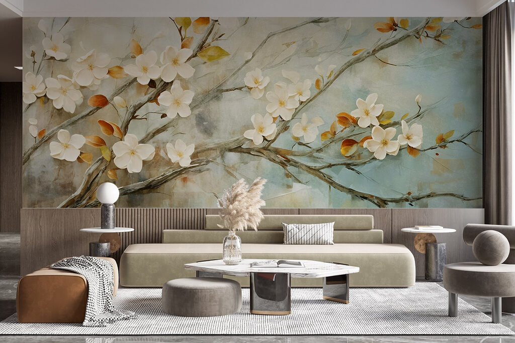 Painting of a branch with white flowers