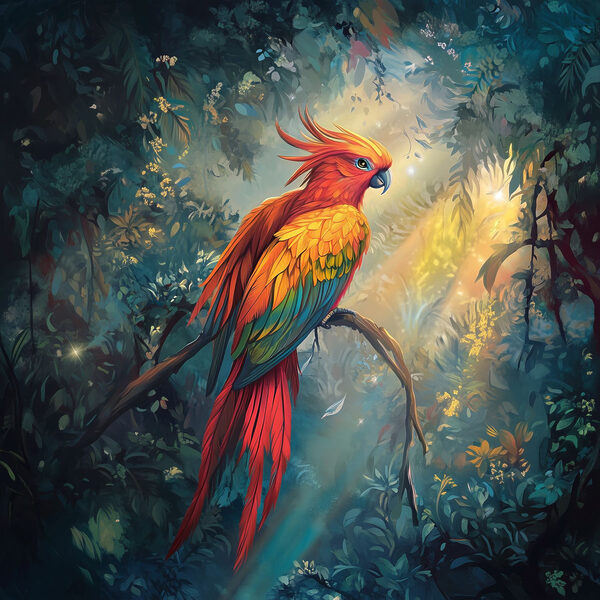 Pasăre colorată stând pe o ramură într-o pădure Pasăre colorată stând pe o ramură într-o pădure