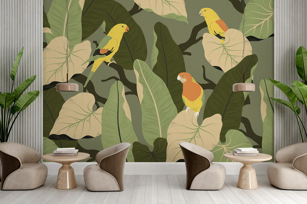 Colorful birds on a tree branch