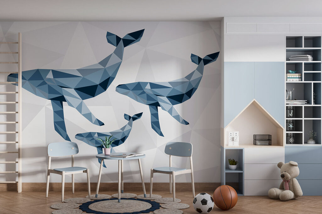 Group of whales in low poly style