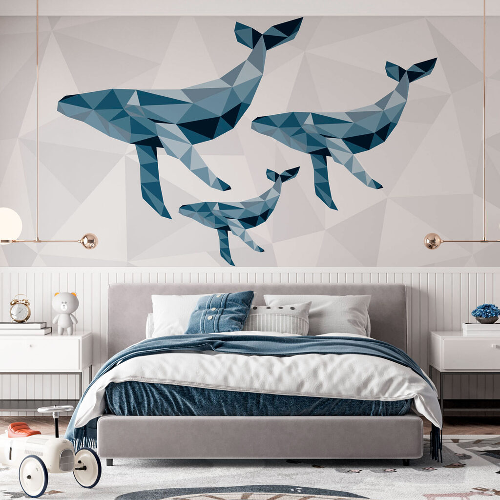 Group of whales in low poly style