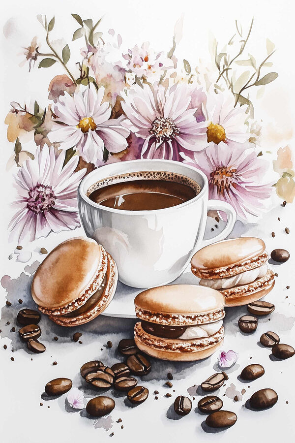 Pictura acuarelă a unei cești de cafea și prăjituri Pictura acuarelă a unei cești de cafea și prăjituri