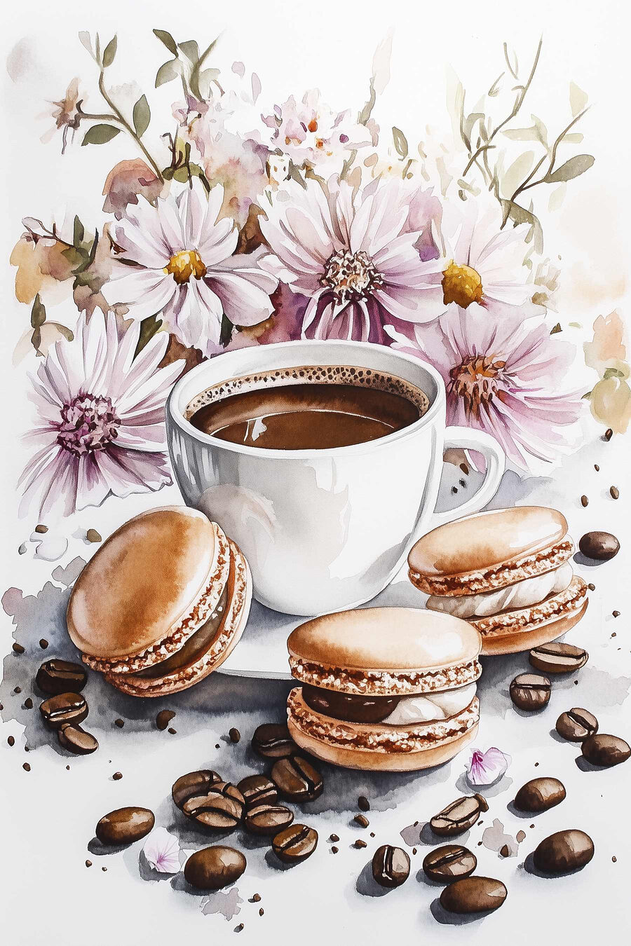 Pictura acuarelă a unei cești de cafea și prăjituri