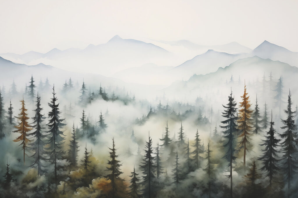 Painting of trees and fog Painting of trees and fog