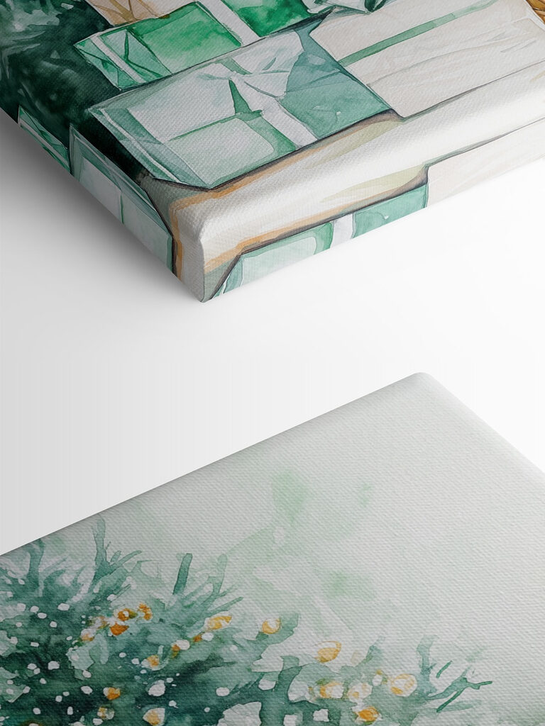 Watercolor of presents under a tree