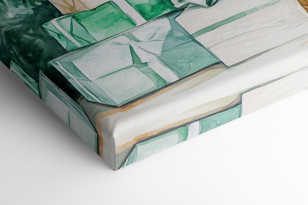 Watercolor of presents under a tree