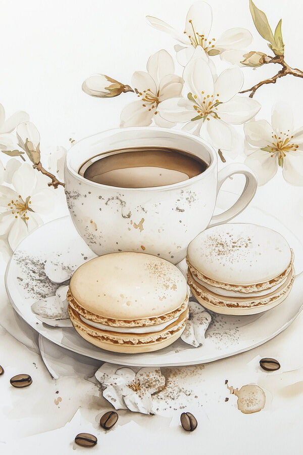 Ceașcă de cafea și prăjituri pe o farfurie Ceașcă de cafea și prăjituri pe o farfurie