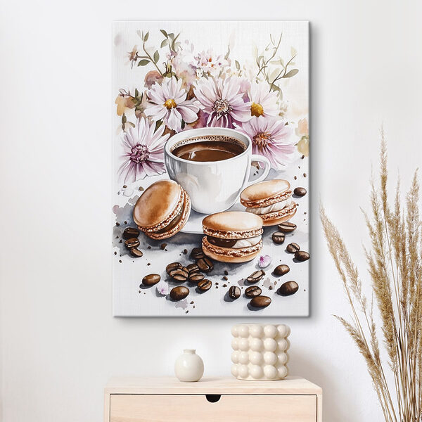 Pictura acuarelă a unei cești de cafea și prăjituri Pictura acuarelă a unei cești de cafea și prăjituri