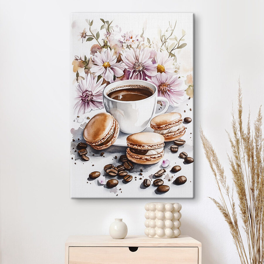 Pictura acuarelă a unei cești de cafea și prăjituri