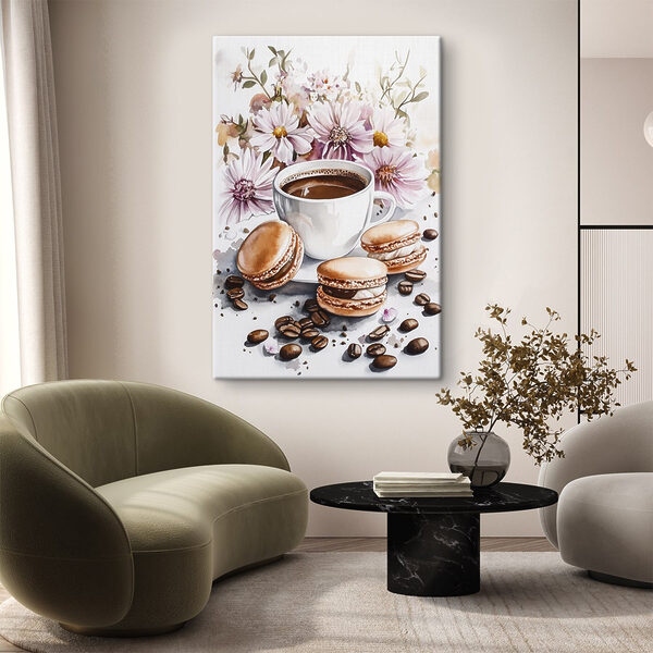 Pictura acuarelă a unei cești de cafea și prăjituri Pictura acuarelă a unei cești de cafea și prăjituri