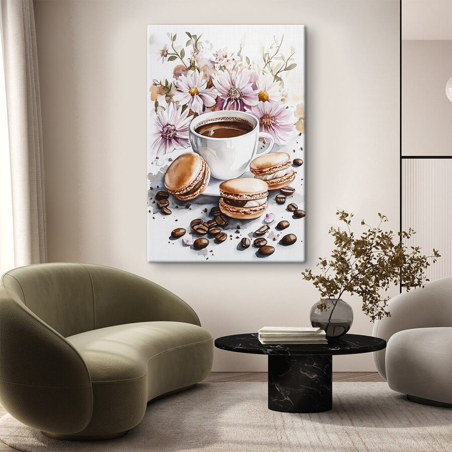 Pictura acuarelă a unei cești de cafea și prăjituri