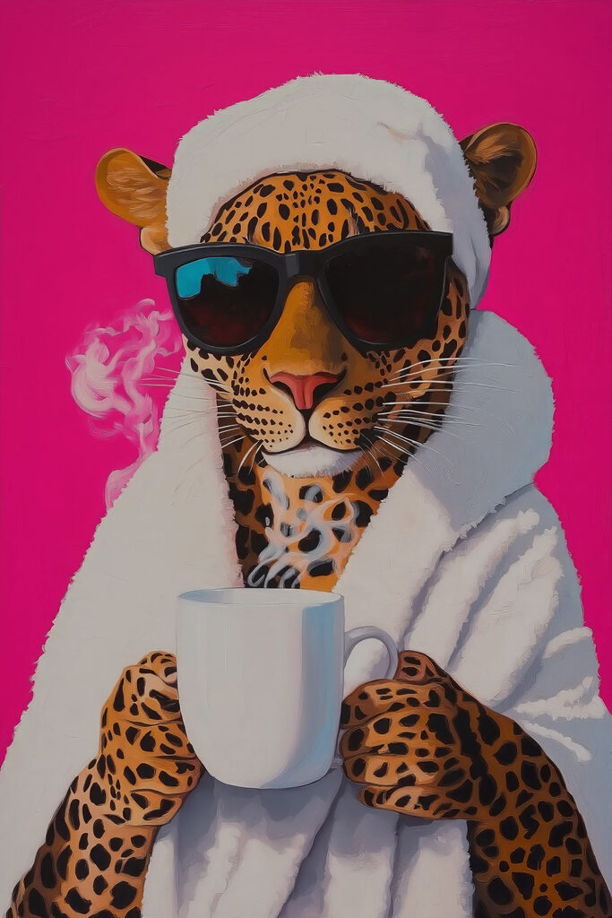 Painting of a leopard wearing a robe and sunglasses holding a cup