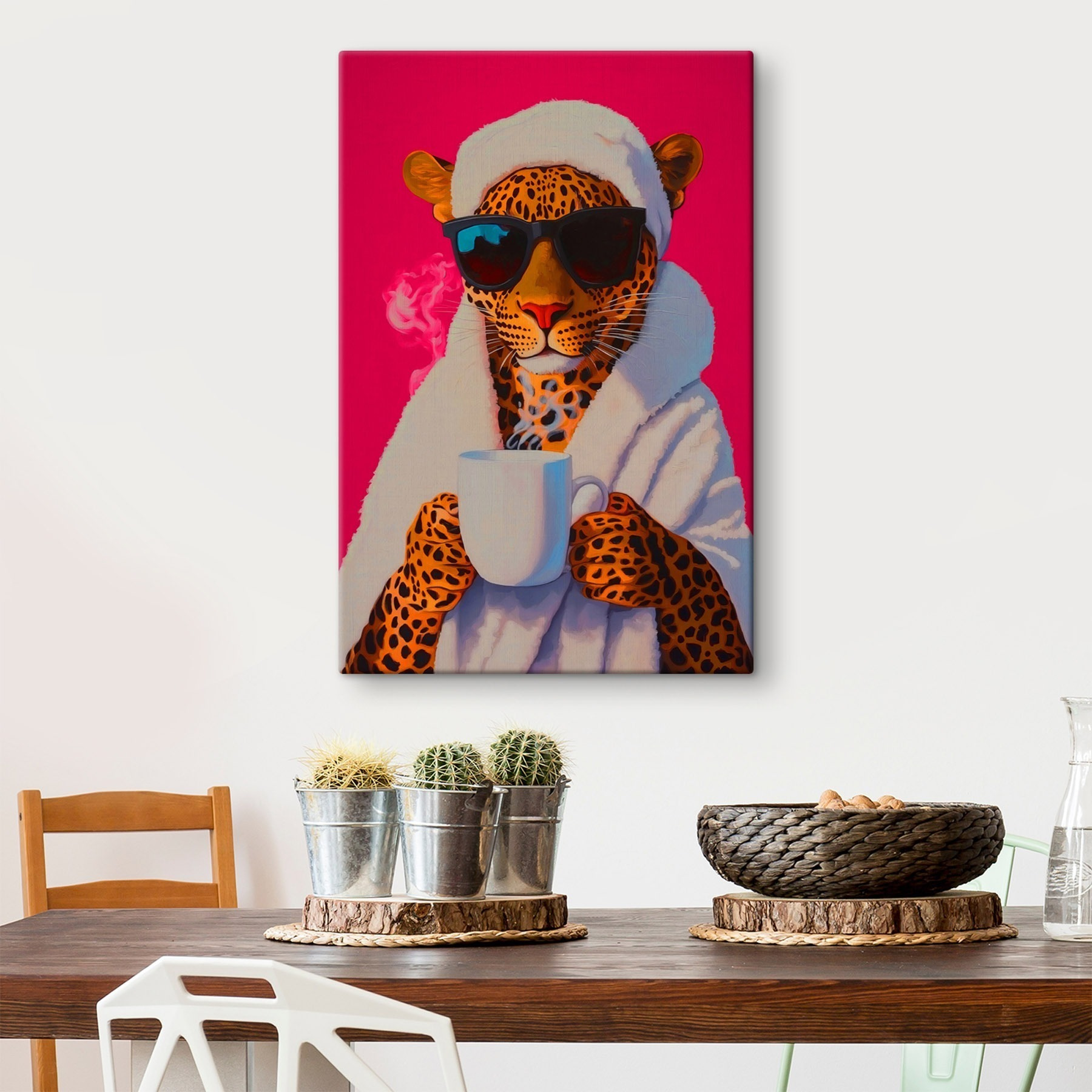 Painting of a leopard wearing a robe and sunglasses holding a cup