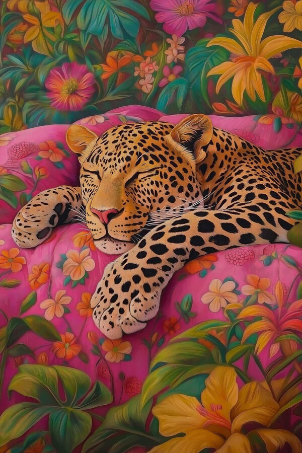 Leopard dormind pe o canapea roz Leopard dormind pe o canapea roz