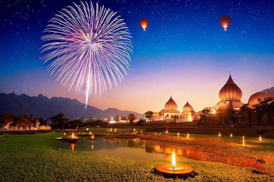 Foc de artificii pe cer deasupra unui iaz