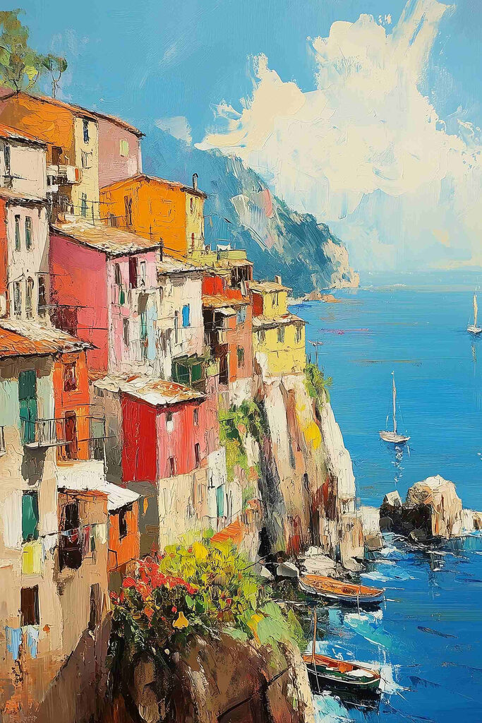 Painting of a colorful town on a cliff by the water Painting of a colorful town on a cliff by the water
