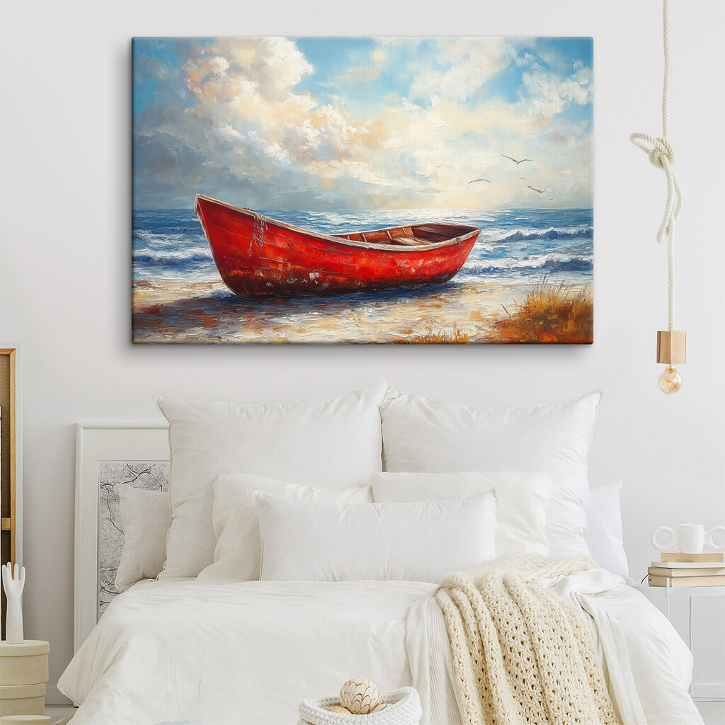 Painting of a boat on a beach