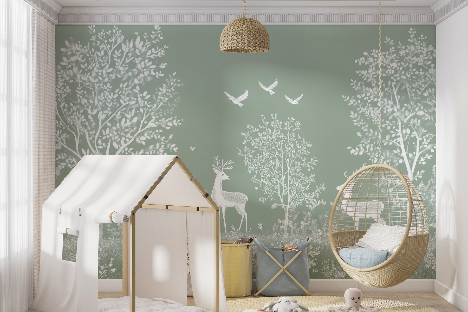 White deer and birds in a field