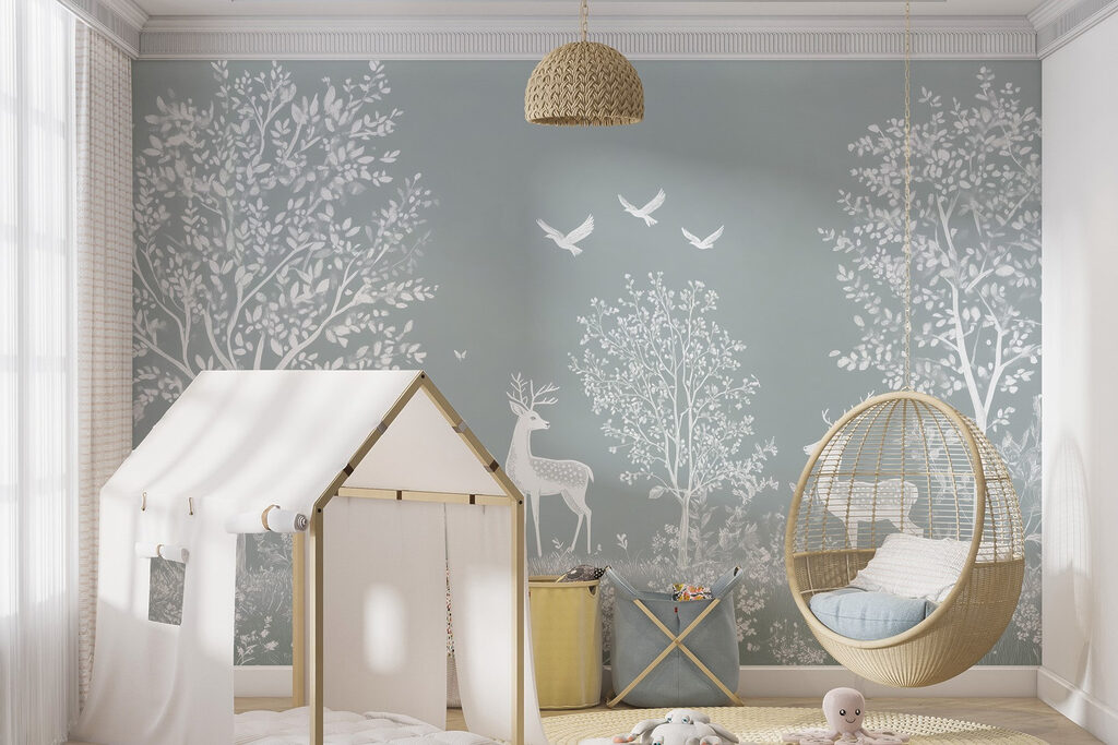 White deer and birds in a forest