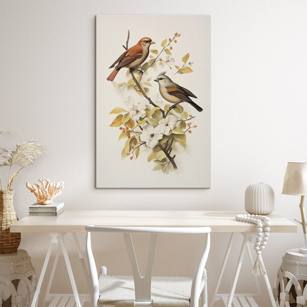 Two birds on a branch with flowers