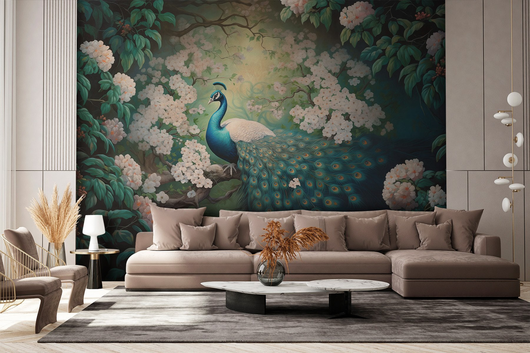 Painting of a peacock on a tree branch