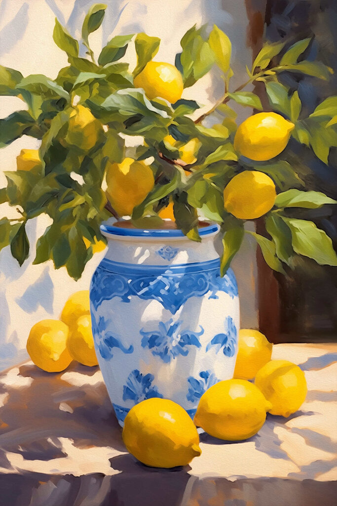 Painting of lemons in a vase