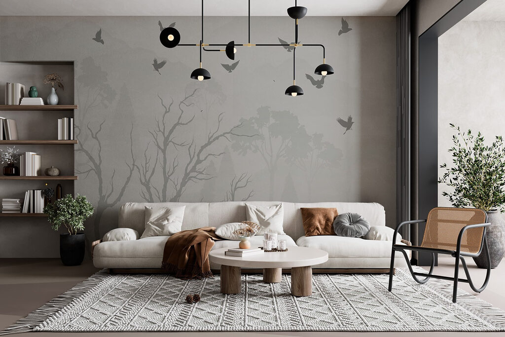 Birds flying over trees