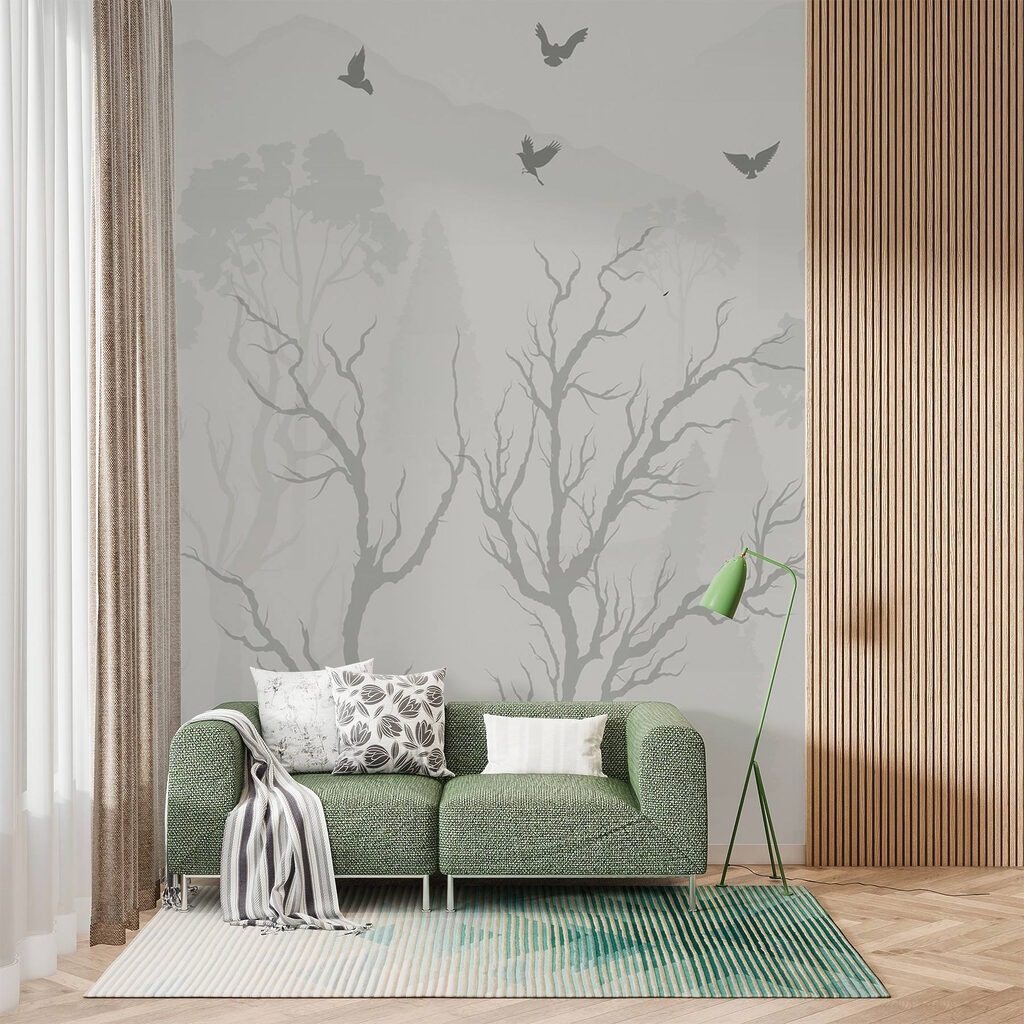 Birds flying over trees