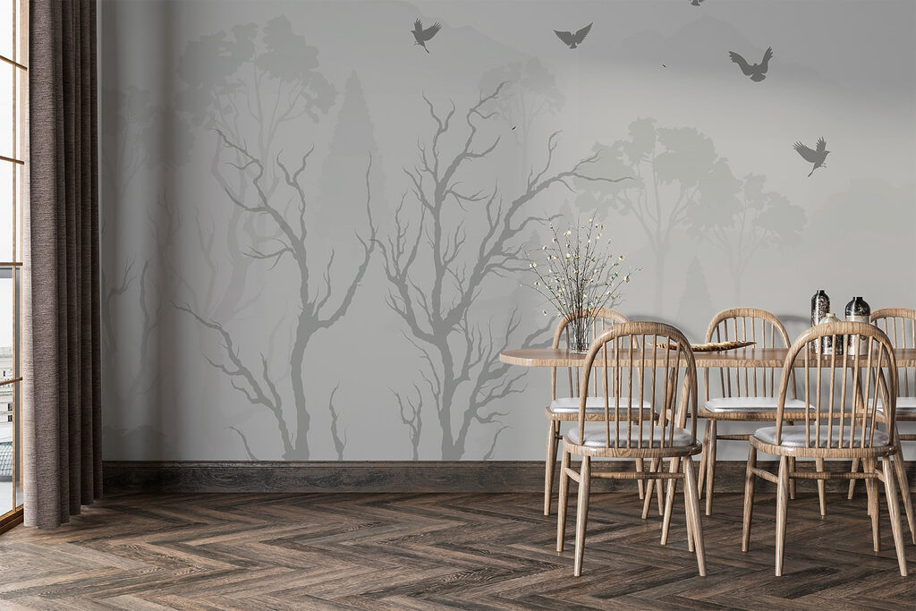 Birds flying over trees