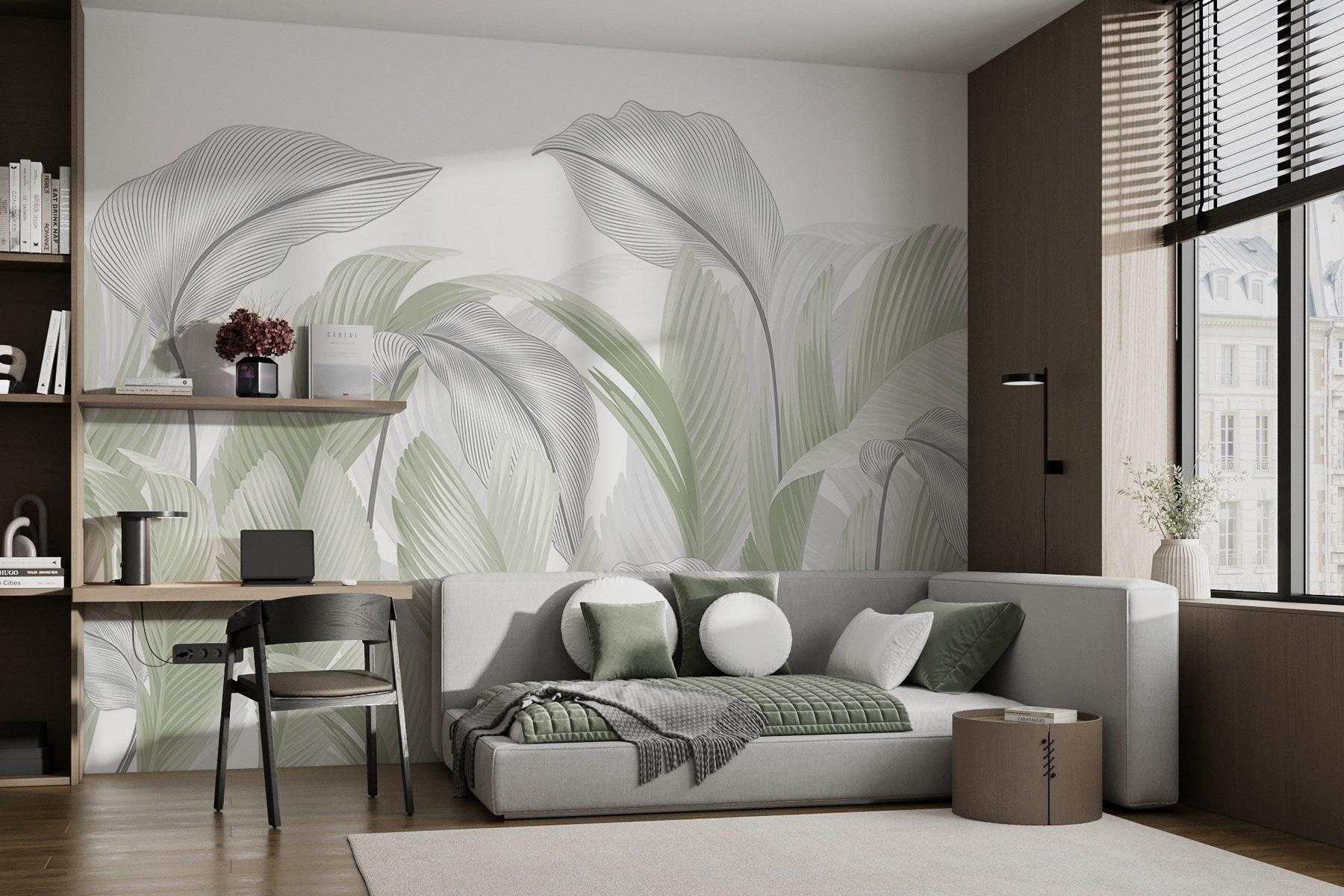 Elegant green leaves on a white backdrop