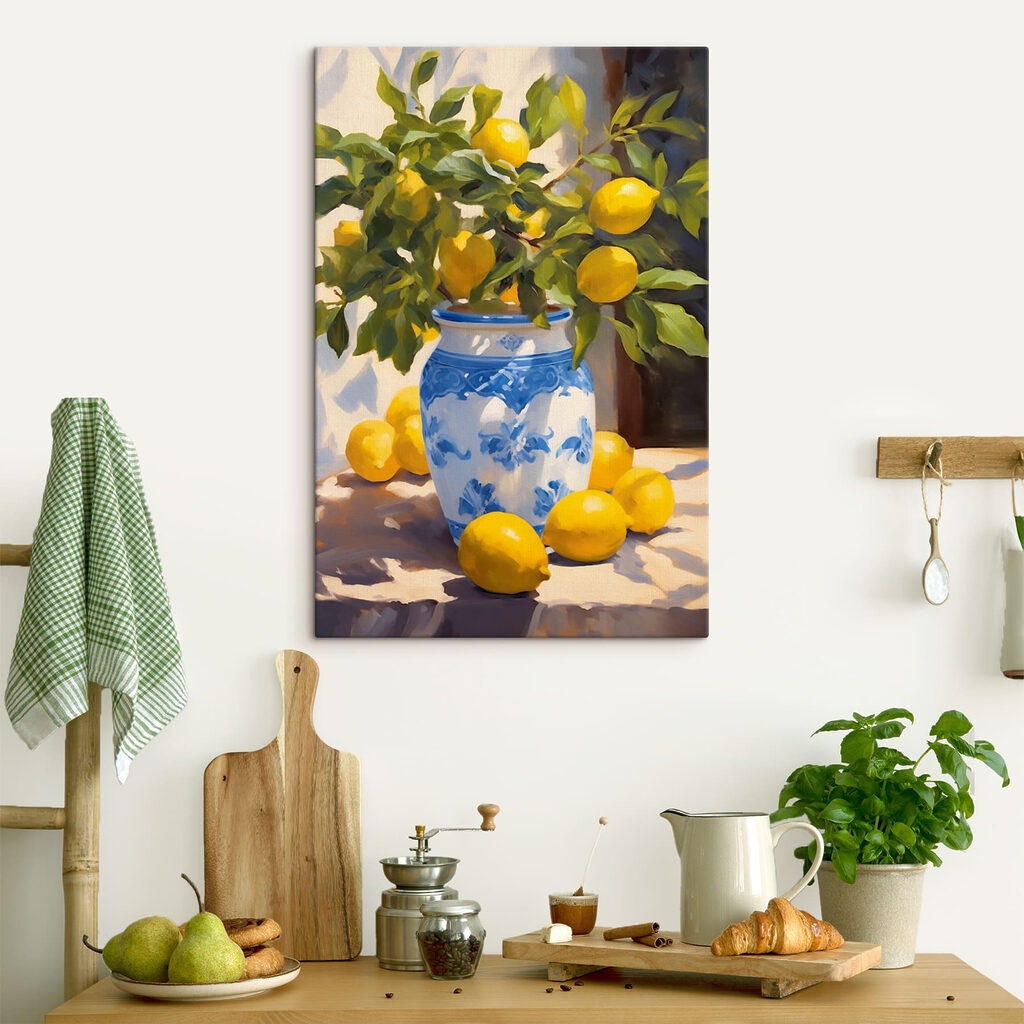 Painting of lemons in a vase