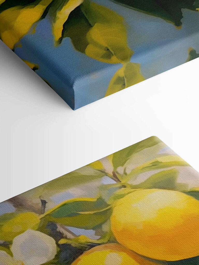 Painting of lemons and flowers on a tree