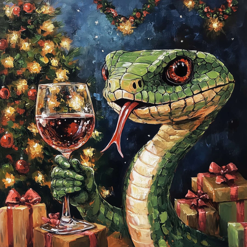 Painting of a snake holding a glass of wine Painting of a snake holding a glass of wine